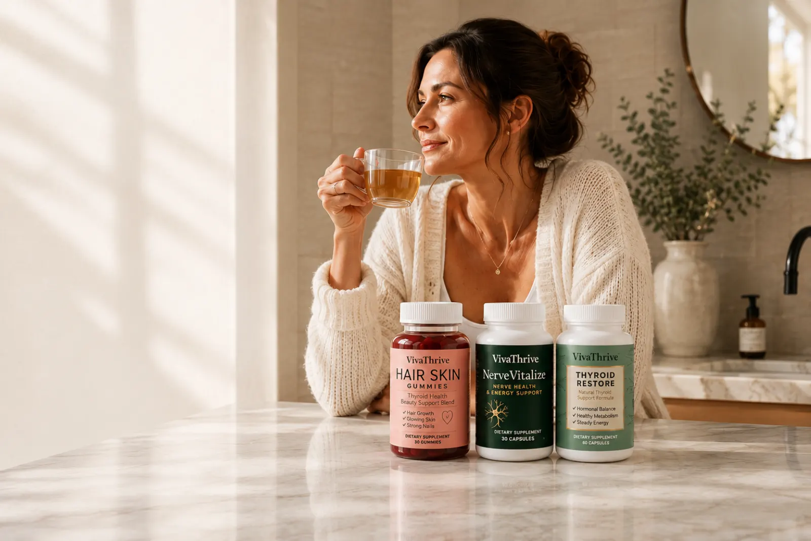 A woman enjoying her morning wellness ritual with VivaThrive supplements